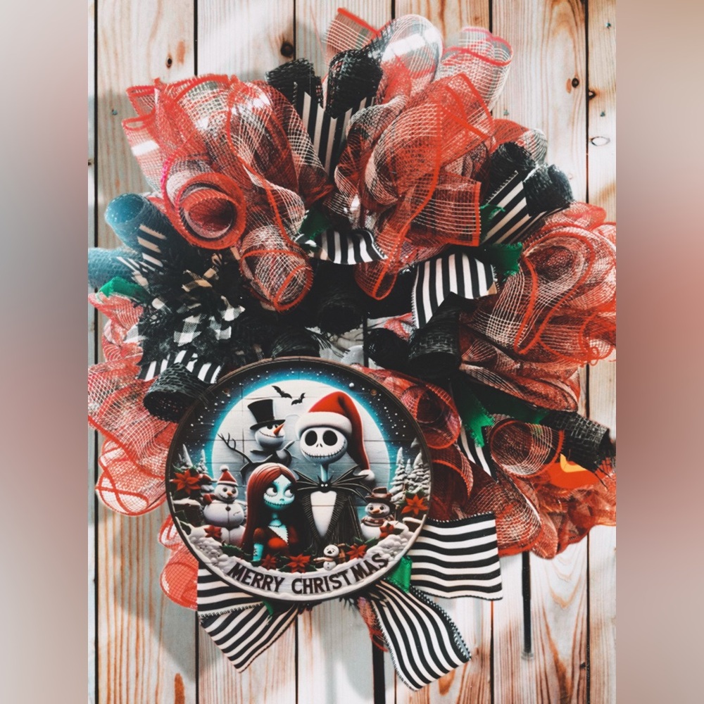 Jack and Sally Christmas Ribbon Wreath